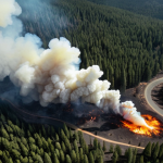 ** Satellite view of a large forest fire, showcasing remote sensing technology in action, monitoring the affected area. Dramatic lighting and visible smoke plumes.

**