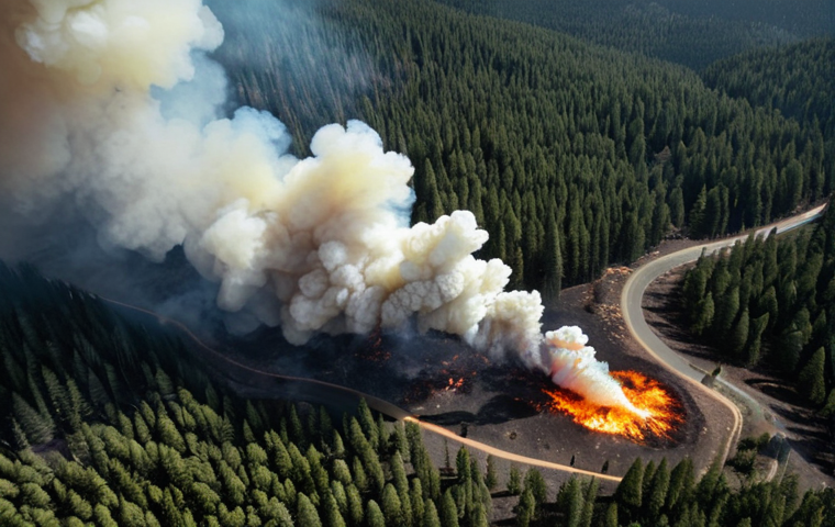 ** Satellite view of a large forest fire, showcasing remote sensing technology in action, monitoring the affected area. Dramatic lighting and visible smoke plumes.

**