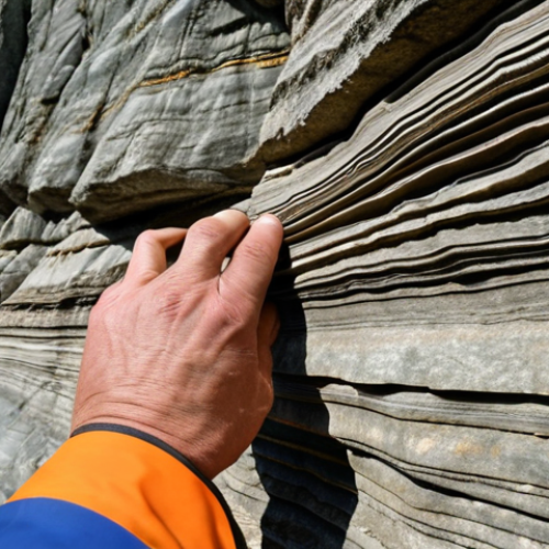 **A geologist in the Ardennes, examining folded rock layers. Close-up on the rock face showing intricate folds and faults, demonstrating the immense forces of geological activity.**