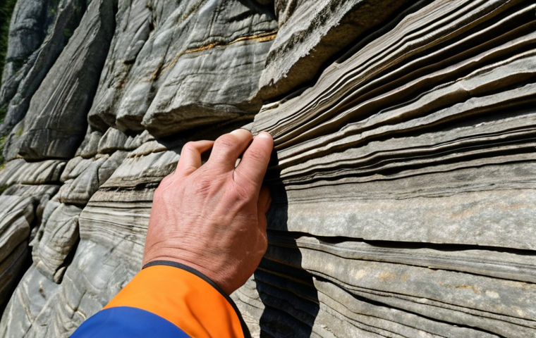 **A geologist in the Ardennes, examining folded rock layers. Close-up on the rock face showing intricate folds and faults, demonstrating the immense forces of geological activity.**