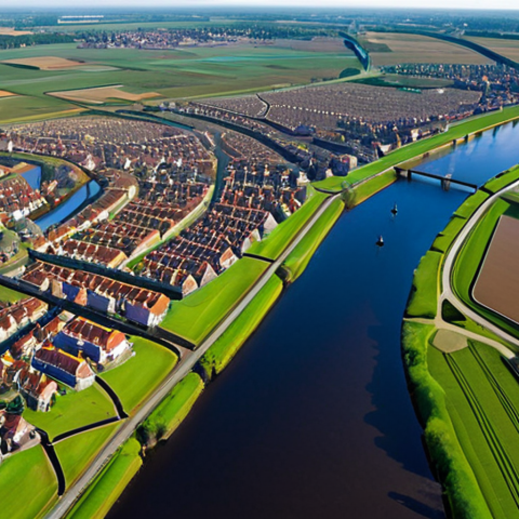 A vibrant, high-resolution panoramic view of the Dutch delta from an aerial perspective. Futuristic Earth observation satellites are visible in orbit, casting shimmering data streams and glowing holographic projections onto the landscape below. These projections represent AI-driven geospatial analysis, highlighting a network of robust dikes, intricate waterways, and historic Dutch cities like Amsterdam with their iconic canals. The scene conveys a sense of proactive resilience and a "digital twin" approach to environmental management, blending the natural beauty of the Netherlands with advanced technological oversight. The mood is optimistic and innovative, with a clear focus on safeguarding the nation.
