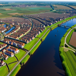 A vibrant, high-resolution panoramic view of the Dutch delta from an aerial perspective. Futuristic Earth observation satellites are visible in orbit, casting shimmering data streams and glowing holographic projections onto the landscape below. These projections represent AI-driven geospatial analysis, highlighting a network of robust dikes, intricate waterways, and historic Dutch cities like Amsterdam with their iconic canals. The scene conveys a sense of proactive resilience and a "digital twin" approach to environmental management, blending the natural beauty of the Netherlands with advanced technological oversight. The mood is optimistic and innovative, with a clear focus on safeguarding the nation.