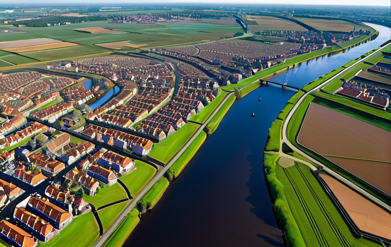 A vibrant, high-resolution panoramic view of the Dutch delta from an aerial perspective. Futuristic Earth observation satellites are visible in orbit, casting shimmering data streams and glowing holographic projections onto the landscape below. These projections represent AI-driven geospatial analysis, highlighting a network of robust dikes, intricate waterways, and historic Dutch cities like Amsterdam with their iconic canals. The scene conveys a sense of proactive resilience and a "digital twin" approach to environmental management, blending the natural beauty of the Netherlands with advanced technological oversight. The mood is optimistic and innovative, with a clear focus on safeguarding the nation.