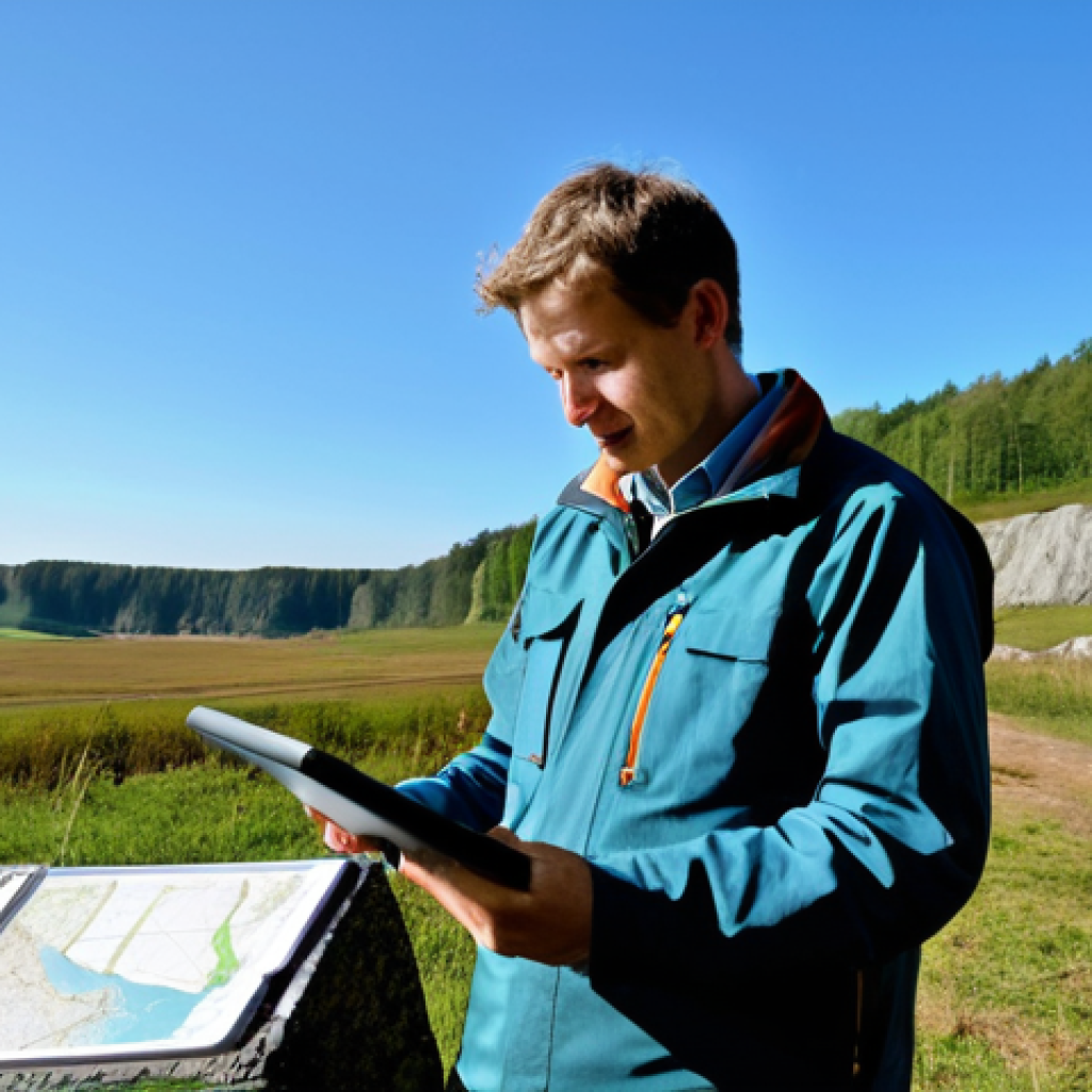 A professional Earth scientist, male or female, in modest, appropriate field attire, standing near a geological outcrop with a detailed geological map in hand. In the background, modern GIS software displaying spatial data is visible on a tablet screen, subtly hinting at digital analysis. The scene takes place in a professional, natural setting reminiscent of the Dutch Ardennen landscape, with clear skies. The focus is on the scientist's engaged expression and interaction with the environment and tools. The image conveys a sense of intellectual curiosity and practical application. Safe for work, appropriate content, fully clothed, professional, perfect anatomy, correct proportions, natural pose, well-formed hands, proper finger count, natural body proportions, high quality, realistic photography.