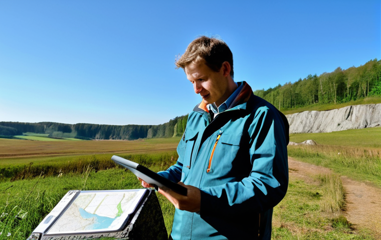 A professional Earth scientist, male or female, in modest, appropriate field attire, standing near a geological outcrop with a detailed geological map in hand. In the background, modern GIS software displaying spatial data is visible on a tablet screen, subtly hinting at digital analysis. The scene takes place in a professional, natural setting reminiscent of the Dutch Ardennen landscape, with clear skies. The focus is on the scientist's engaged expression and interaction with the environment and tools. The image conveys a sense of intellectual curiosity and practical application. Safe for work, appropriate content, fully clothed, professional, perfect anatomy, correct proportions, natural pose, well-formed hands, proper finger count, natural body proportions, high quality, realistic photography.