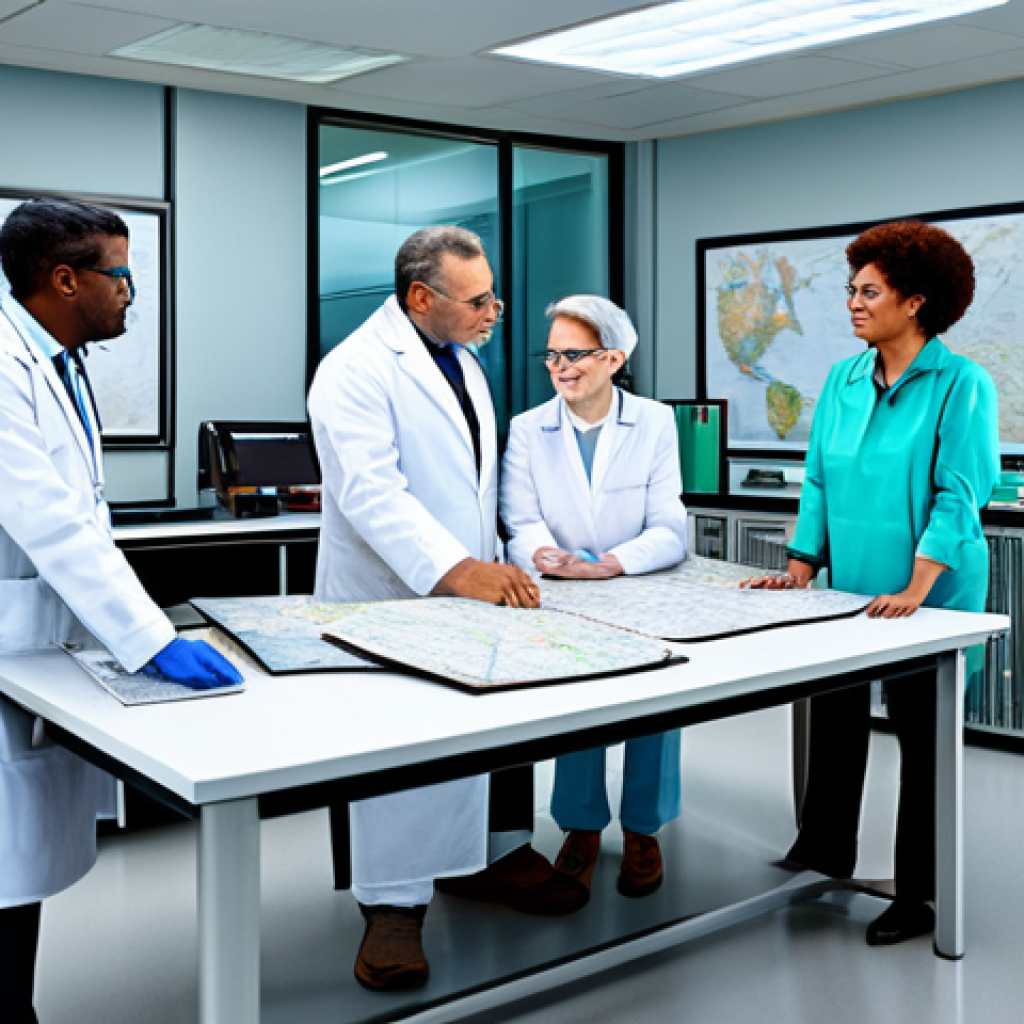 **

"A diverse group of scientists, fully clothed in appropriate research attire, collaborating around a table covered with maps and scientific instruments in a modern research facility, safe for work, appropriate content, perfect anatomy, natural proportions, professional, modest, family-friendly, showcasing international collaboration, high-quality rendering."

**