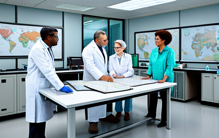 **
"A diverse group of scientists, fully clothed in appropriate research attire, collaborating around a table covered with maps and scientific instruments in a modern research facility, safe for work, appropriate content, perfect anatomy, natural proportions, professional, modest, family-friendly, showcasing international collaboration, high-quality rendering."
**