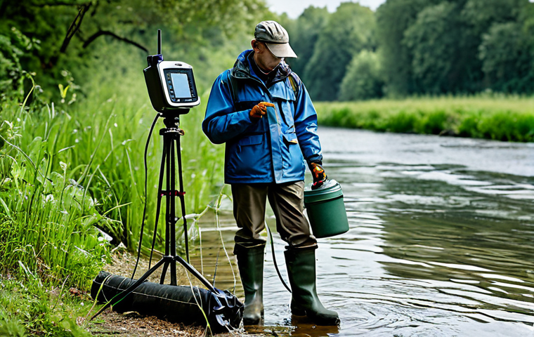 Hydrologist at Work**
"A hydrologist in appropriate field attire (waterproof jacket, sturdy boots) standing next to a river, taking water samples with professional equipment, fully clothed, appropriate content, safe for work, natural pose, correct proportions, professional, family-friendly, background shows a lush riverbank and monitoring station."
**