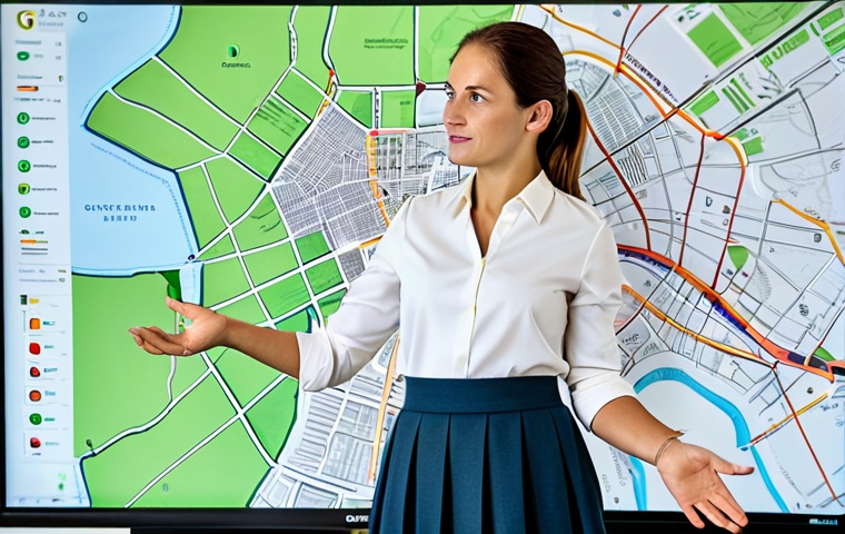지구과학자 실무 능력 향상 방법 - **GIS Professional:** A female GIS analyst, fully clothed in a modest office outfit with a blouse an...