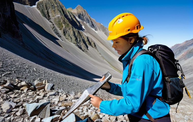 지구과학자 직무별 필수 능력 - **A Geoscientist in the Field: Alpine Exploration**
"A determined female geoscientist, in her la...