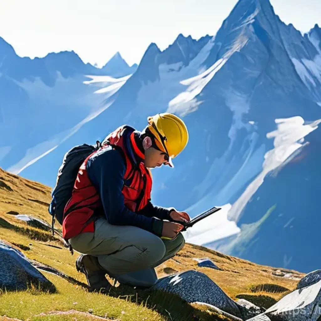 지구과학자 학위 취득 과정 - **Prompt 1: Alpine Fieldwork Adventure**
    "A group of diverse university students, consisting of ...