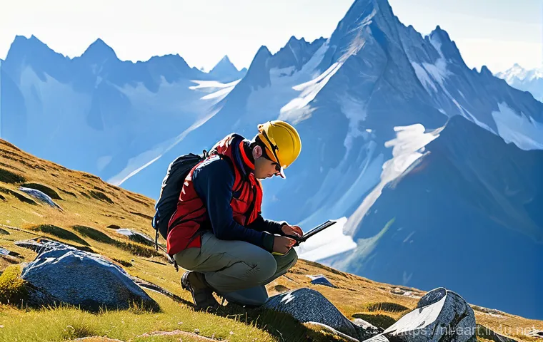 지구과학자 학위 취득 과정 - **Prompt 1: Alpine Fieldwork Adventure**
"A group of diverse university students, consisting of ...