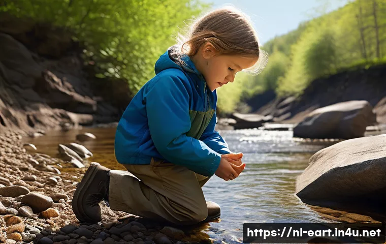 지구과학자 연구 주제 선정법 - **Prompt:** A curious Dutch child, approximately 7-9 years old, wearing sturdy outdoor clothing suit...