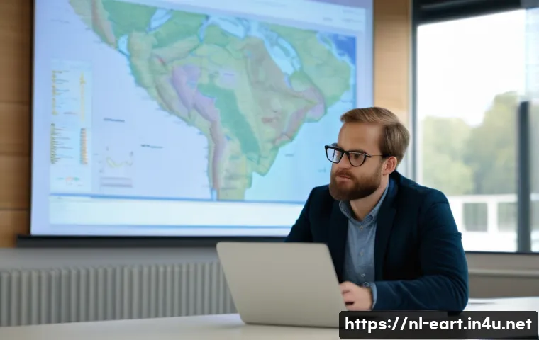 지구과학자 자격증 취득 후 경력 관리 - A professional Dutch geoscientist attending a workshop in a modern conference room, wearing smart ca...