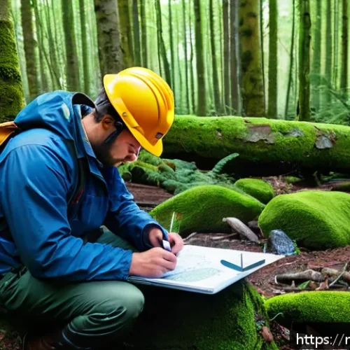 Home 30 지구과학자 실습 현장 경험 공유 - A detailed scene of a geologist conducting fieldwork in a rugged forested area in the Netherlands, w...