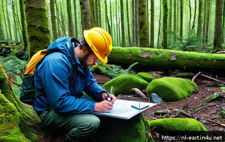 지구과학자 실습 현장 경험 공유 - A detailed scene of a geologist conducting fieldwork in a rugged forested area in the Netherlands, w...