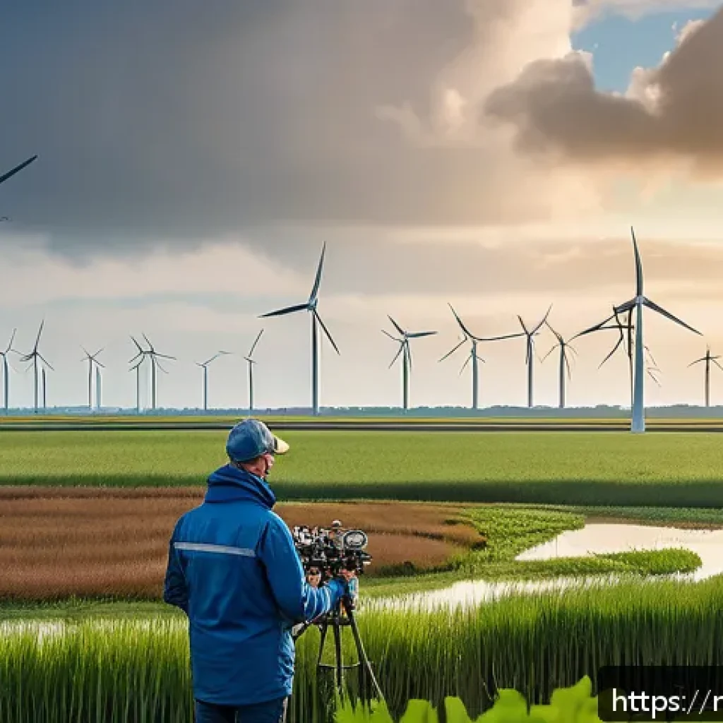 지구과학자 해외 취업 기회 - A professional geoscientist operating a high-tech drone over a Dutch coastal wetland, capturing deta...