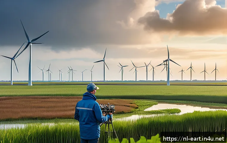 지구과학자 해외 취업 기회 - A professional geoscientist operating a high-tech drone over a Dutch coastal wetland, capturing deta...